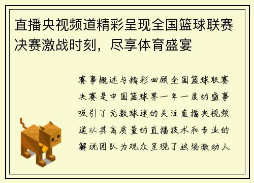 直播央视频道精彩呈现全国篮球联赛决赛激战时刻，尽享体育盛宴