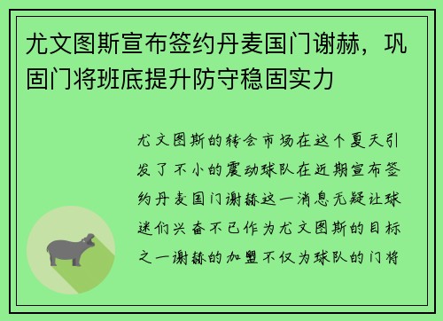 尤文图斯宣布签约丹麦国门谢赫，巩固门将班底提升防守稳固实力